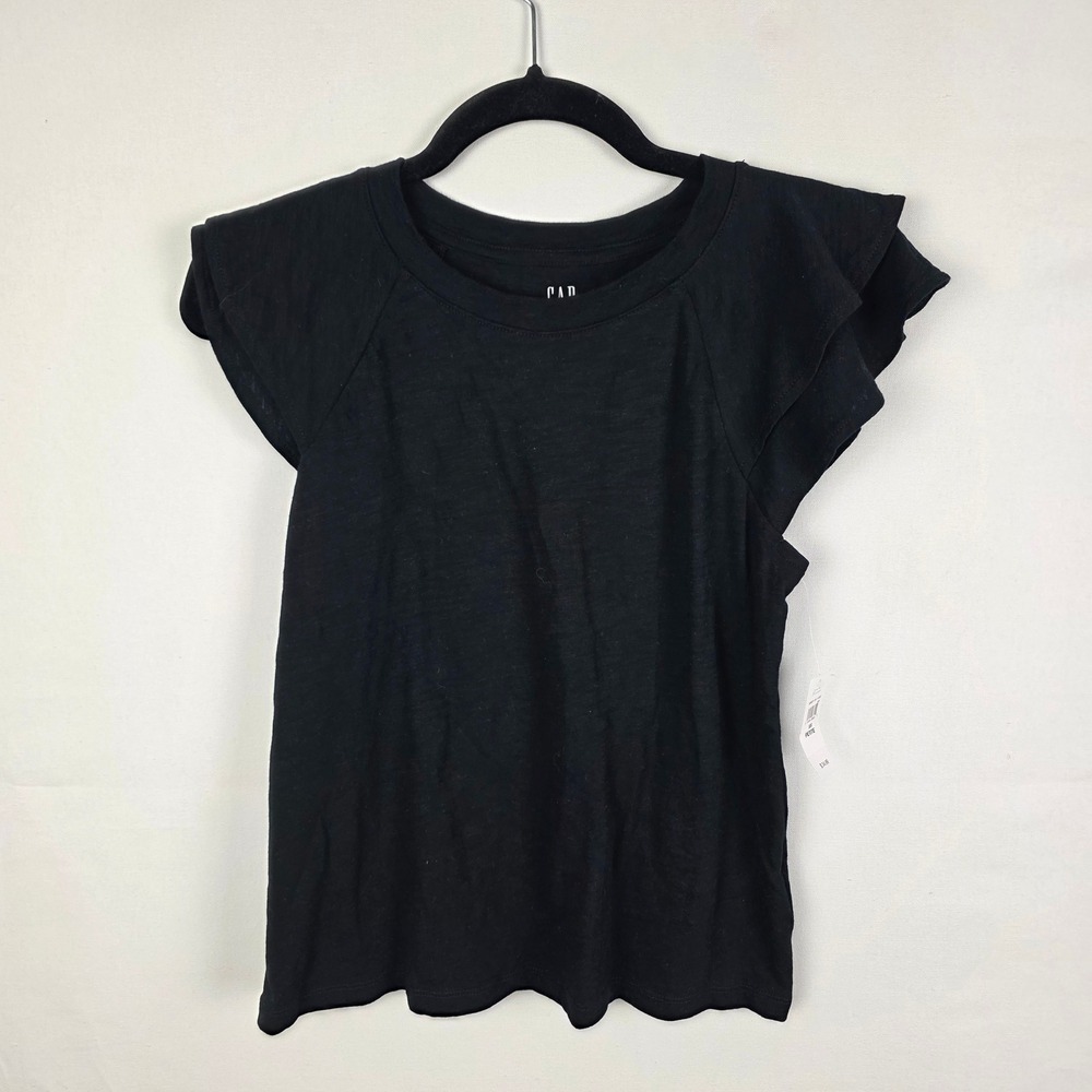 GAP ForeverSoft Black Ruffle Sleeve Slub Cotton Tee Shirt XS Petite NWT